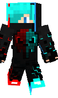 a minecraft character with blue and red hair and a hood