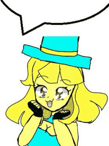 a cartoon girl wearing a blue hat and a blue dress is talking .