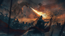 a painting of a knight fighting a dragon with a flag in his hand