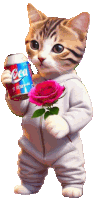 a cat holding a coca cola can and a rose