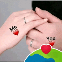 a man and a woman are holding hands with rings on their fingers and a tattoo of a heart on their hands .