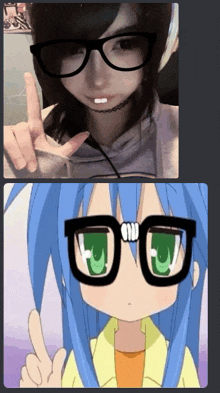 a picture of a girl wearing glasses next to a picture of a girl wearing blue hair and glasses