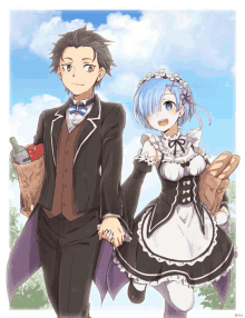 a man in a tuxedo and a woman in a maid outfit holding hands