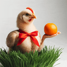 a chicken wearing a red bow tie is holding an orange in its hand