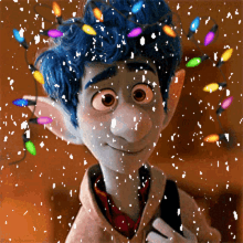 a close up of a cartoon character with christmas lights on his head