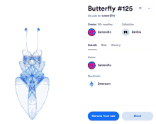 butterfly # 125 is on sale for 0.003 eth and has a blue share button