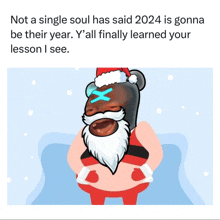 a cartoon of a man in a santa hat with a cross on his head