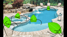 a group of green leaves standing around a pool