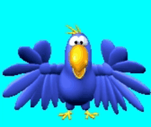 a blue cartoon bird with a yellow beak is spreading its wings on a blue background