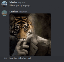 a picture of a tiger smoking a cigar with the words how bro felt after that