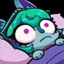 a close up of a cartoon character with purple eyes and a green head .