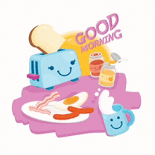 a cartoon illustration of a good morning breakfast with a toaster and a cup of coffee