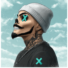 a drawing of a skeleton wearing a beanie and a chain