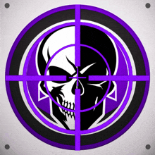 a purple and black target with a skull in the middle