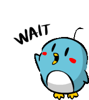 a cartoon of a blue penguin with the word wait written below it