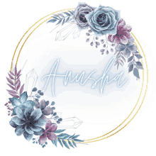 the name amusha is surrounded by flowers and crystals on a white background