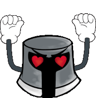 a cartoon illustration of a knight 's helmet with arms and a heart in its eyes