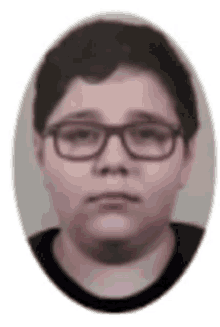 a young boy wearing glasses and a black shirt is in an oval .