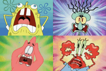 four pictures of spongebob patrick squidward and mr. krabs