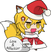 a cartoon drawing of a fox wearing a santa hat and holding a bag that says love and affection