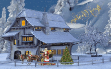 a christmas scene with santa and reindeer in front of a house and a christmas tree