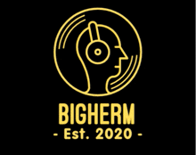 a logo for bigherm est. 2020 with a man wearing headphones in a circle