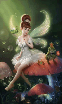 a fairy in a white dress is sitting on a mushroom with frogs