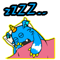 a blue monster is sleeping in a bed with the word zzz written below it