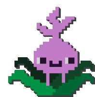 a pixel art illustration of a purple plant with a green leaf .