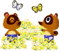 two cartoon bears standing in a field of flowers with butterflies flying around them .