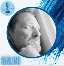 salvo is a man with a beard and a blue background