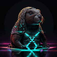 a seal wearing a futuristic outfit with the letter x