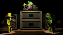 a cartoon character in a top hat stands in front of a stack of speakers