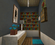 a minecraft screenshot of a hallway with a bookshelf and a picture on the wall