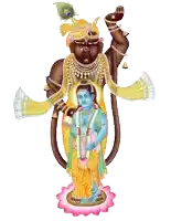 a painting of a deity holding a child with a peacock feather on his head