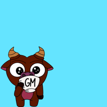 a cartoon bull is holding a sign that says gm in its mouth