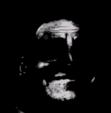 a black and white drawing of a man 's face with a beard and hat .