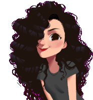 a cartoon drawing of a girl with curly hair and red lips