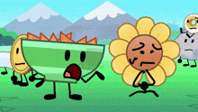 a group of cartoon characters are standing in a field with mountains in the background