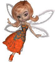 a fairy in an orange and grey dress with white wings is flying in the air