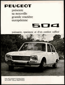 a black and white photo of a white peugeot 504 car on a road .