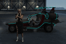 a woman in a black dress stands in front of a futuristic vehicle with neon lights