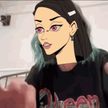 a cartoon drawing of a girl wearing a black shirt that says queen