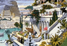 a painting of an ancient city with stairs leading up to the top