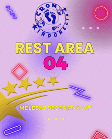 a purple background with rest area 04 in yellow letters