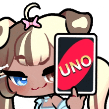 a cartoon girl is holding a card that says uno on it