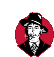 a man in a hat and tie is smoking a cigar .