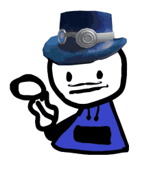 a cartoon character is wearing a blue top hat and holding a pair of scissors