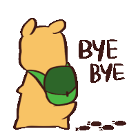 a cartoon of a bear with a green backpack says bye bye