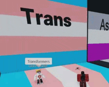 a transgender person is standing in front of a transgender flag in a video game .